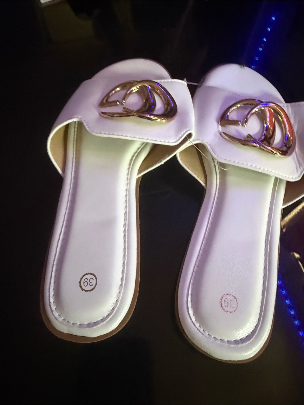 White Slide Sandals with Gold Accent - Women